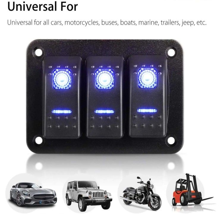 DC 12V 24V Blu LED retroilluminato 3 Gang Aluminio 5 Pin ON Off Toggle Rocker Switch Panel