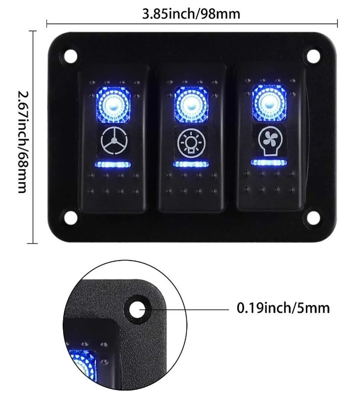 DC 12V 24V Blu LED retroilluminato 3 Gang Aluminio 5 Pin ON Off Toggle Rocker Switch Panel