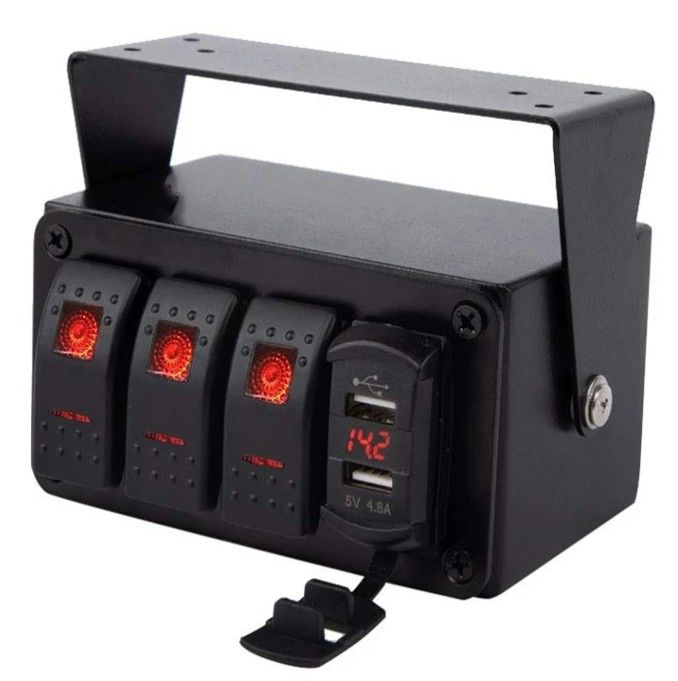 DC12V 24V 3 Gang Rossa LED Light Rocker Switch Panel Box con doppio caricabatterie USB 4.8A Voltmeter per auto Marine Trucks Barche