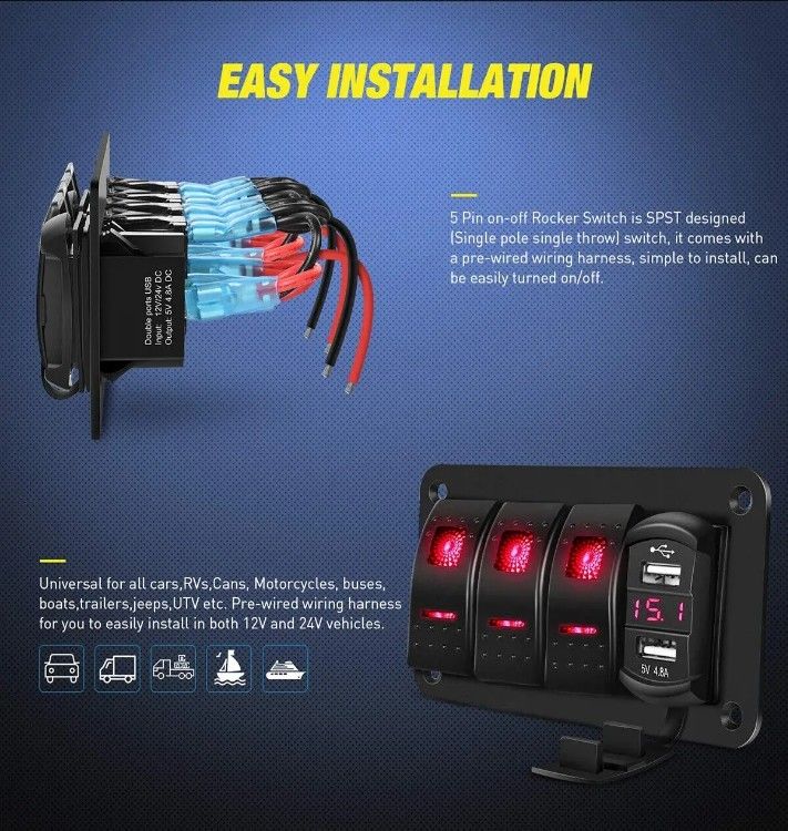 DC12V 24V 3 Gang Rossa LED Light Rocker Switch Panel Box con doppio caricabatterie USB 4.8A Voltmeter per auto Marine Trucks Barche