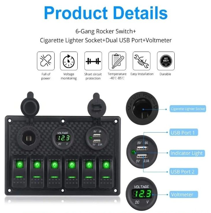 pannello di commutazione di rocker di barca marina impermeabile 6 banda con doppia presa USB 3.1A Volt Meter luce blu LED