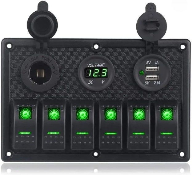 pannello di commutazione di rocker di barca marina impermeabile 6 banda con doppia presa USB 3.1A Volt Meter luce blu LED