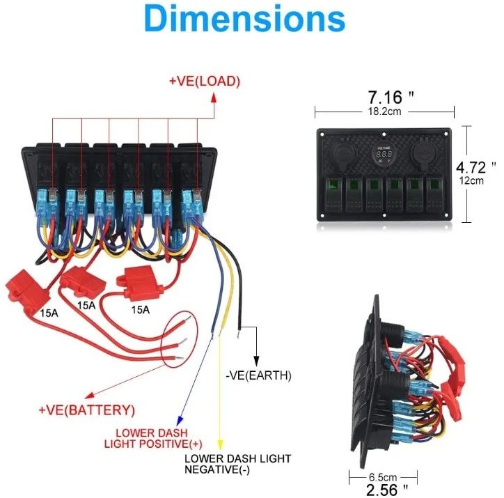 pannello di commutazione di rocker di barca marina impermeabile 6 banda con doppia presa USB 3.1A Volt Meter luce blu LED