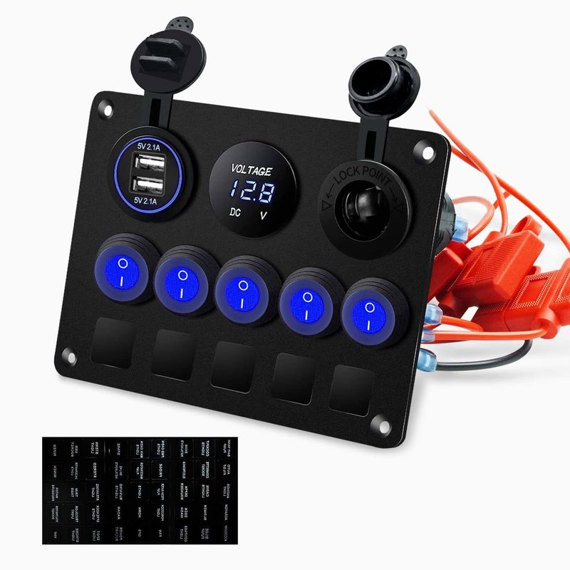 5 pannelli di commutazione Rocker impermeabili con doppia presa USB con luci LED blu