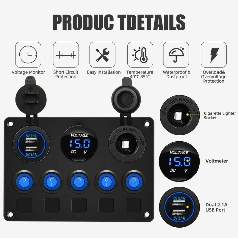 5 pannelli di commutazione Rocker impermeabili con doppia presa USB con luci LED blu