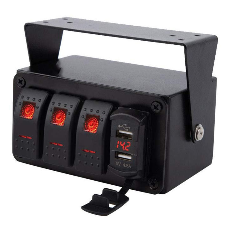 DC12V 24V 3 Gang Red LED Light Rocker Switch Panel Box con doppio caricabatterie USB 4.8A
