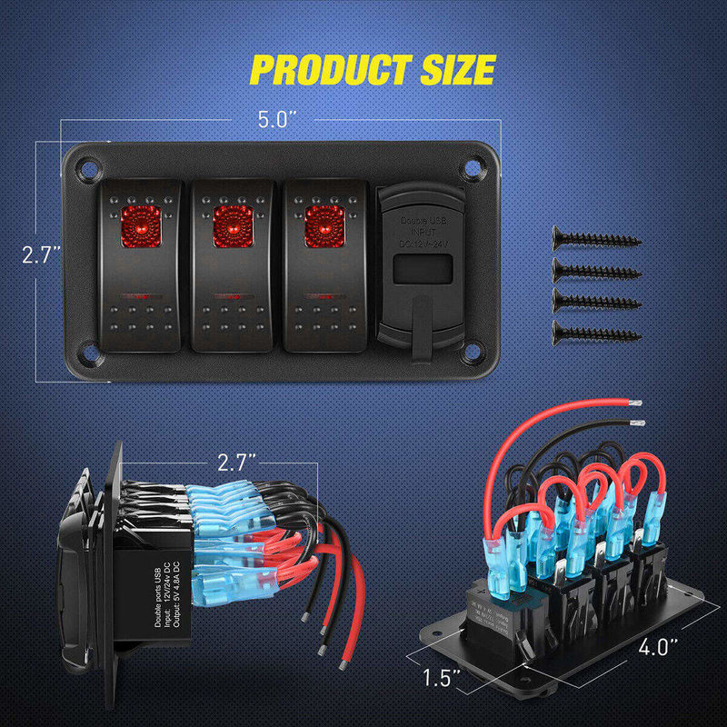 DC12V 24V 3 Gang Red LED Light Rocker Switch Panel Box con doppio caricabatterie USB 4.8A