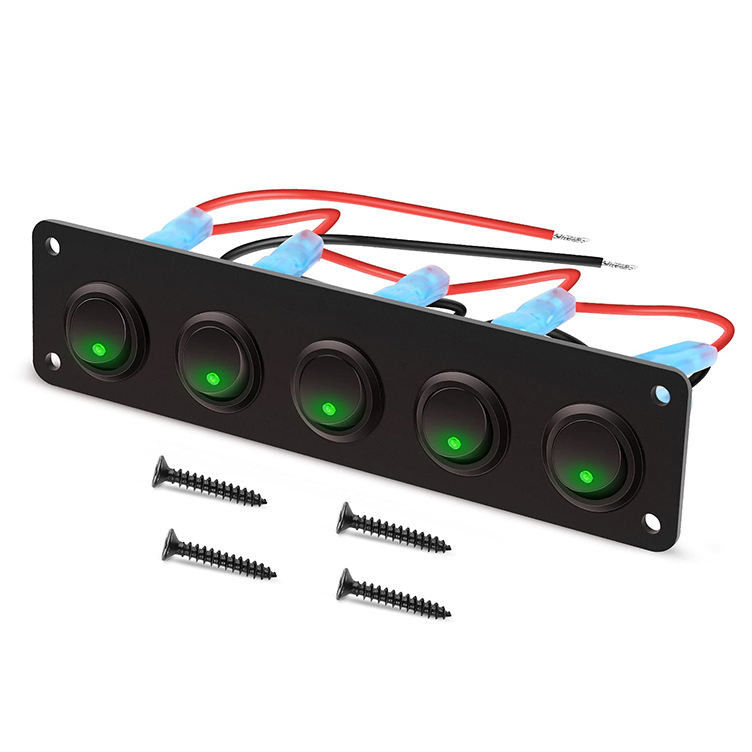 5 Gang Rocker Switch Panel 20A 3 Pin On Off 12V Green Toggle Switch Per Auto Camion Barche